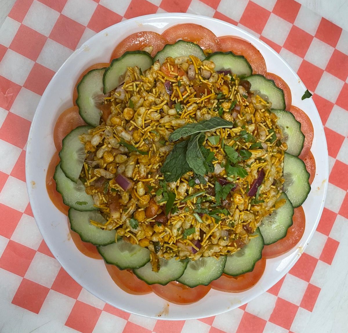 Bonney bhel luri at Tandoori Kitchen Edmonton - crispy puffed rice snack with tangy spices